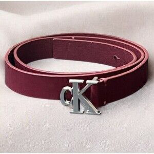 Calvin Klein 1” Leather Belt W/ Chrome cK Monogram Buckle Wine Red Medium 8-10